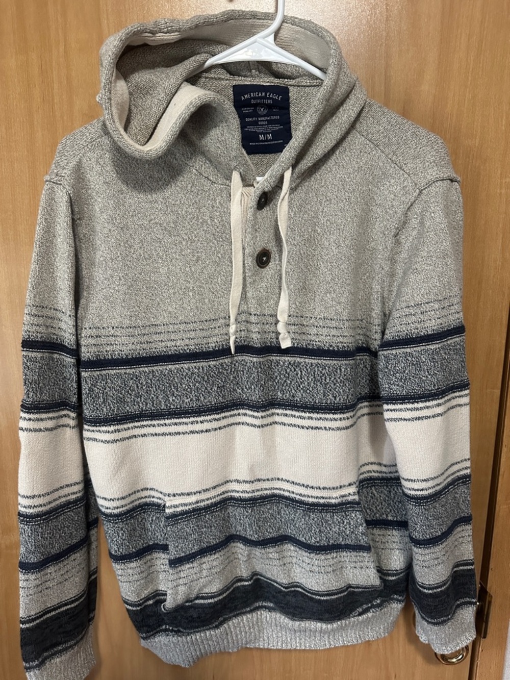 Men’s medium American Eagle Hooded Striped Pullover - Gray, Navy, Cream